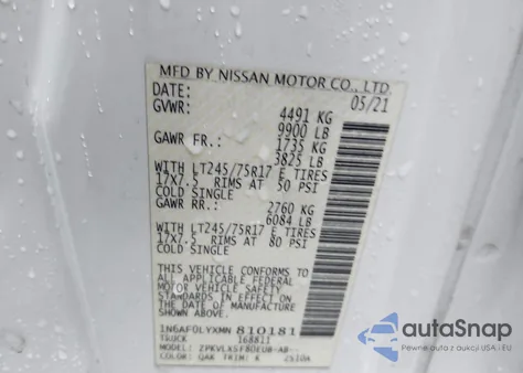 2021 Nissan Nv Cargo Nv3500 Hd Sv High Roof V8 из США, поврежденный, VIN 1N6AF0LYXMN810181